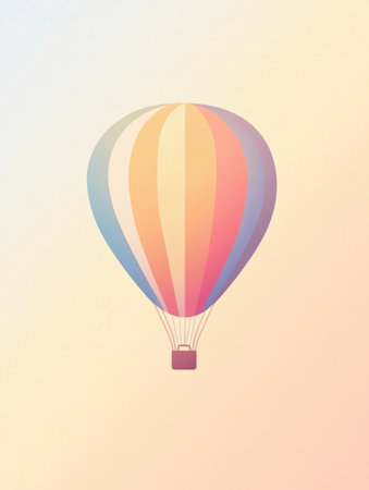 A stylish hot air balloon with vibrant stripes rises gently against a subtle, dreamy backdrop, evoking a sense of adventure and freedom.の素材