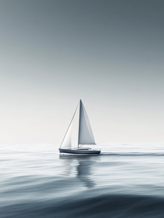 A sleek sailboat travels effortlessly across serene, minimalist waves, showing the beauty of a quiet afternoon at sea.の素材