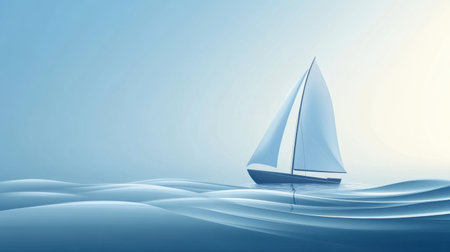 A tranquil sailboat navigates smooth, gentle waves, capturing the essence of peaceful maritime exploration at dusk.の素材