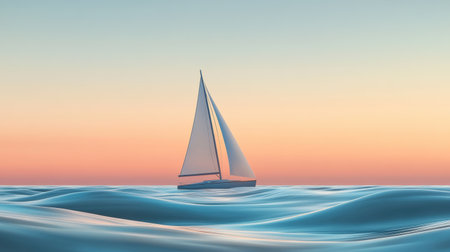 A tranquil sailboat navigates gently through smooth waves as the sun sets, casting warm hues across the horizon.の素材