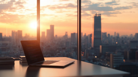 A laptop sits on a desk in front of a large window as the sun sets, casting warm light over the bustling cityscape.の素材
