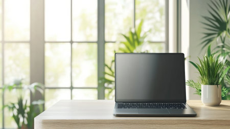 A laptop is positioned on a wooden desk with green plants around, creating a serene and productive workspace filled with natural light.の素材