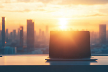 The device is positioned on a table, with a vibrant sunset illuminating the city buildings in the background, creating a serene atmosphere.の素材