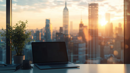 A laptop rests on a desk while the sun sets over the New York City skyline, casting warm light across the bustling urban landscape.の素材
