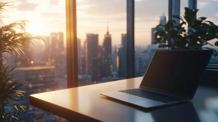 The setting features a laptop on a stylish desk with a vibrant city skyline in the background, illuminated by a stunning sunset.の素材