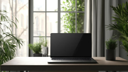 A sleek laptop sits on a polished wooden desk in a bright, plant-filled room, inviting productivity and creativity during the day.の素材