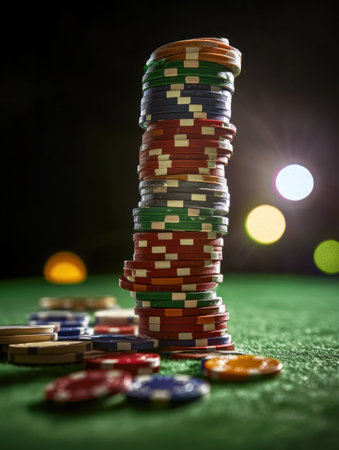 Colorful casino chips are stacked high on a green table, illuminated by soft background lights, capturing the excitement of gaming night.の素材