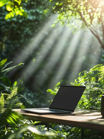 A laptop sits on a wooden table surrounded by vibrant greenery, illuminated by soft sunlight streaming through the trees.の素材