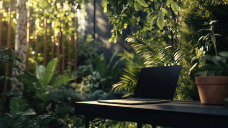 A laptop rests on a table in a bright garden, enveloped by rich plants, creating an inspiring atmosphere for work or creativity.の素材
