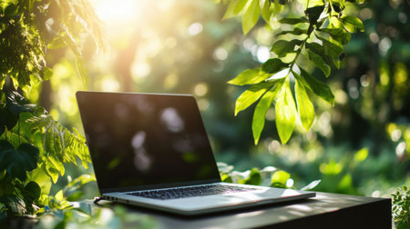 A sleek laptop rests on a wooden table amidst lush green foliage, illuminated by warm sunlight filtering through the leaves.の素材