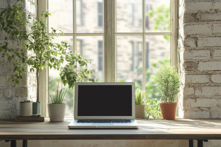 A sleek laptop is positioned on a wooden table, complemented by vibrant greenery and natural light streaming through large windows.の素材