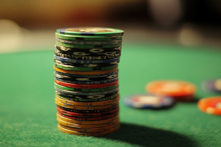 A tall stack of vibrant casino chips stands prominently on a green felt table, highlighting the energy of gaming at night.の素材