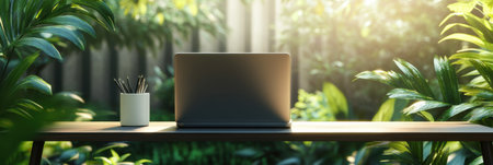 A laptop sits on a wooden desk, accompanied by a plant holder, amidst vibrant green foliage illuminated by soft sunlight.の素材