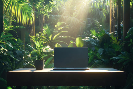 A serene workspace features a laptop on a table, bathed in sunlight, within a vibrant indoor garden filled with foliage.の素材