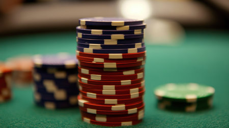 Colorful casino chips are stacked in a tall tower on a green felt gaming table, creating an inviting atmosphere for players.の素材
