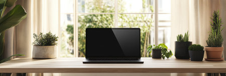 A modern laptop sits on a wooden desk, with greenery from potted plants and bright sunlight streaming through the window.の素材
