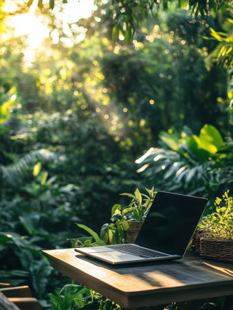 A serene outdoor workspace features a laptop on a table, embraced by vibrant greenery and illuminated by soft sunset light.の素材