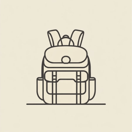 This design features a simple backpack icon with clean lines, embodying the spirit of adventure and exploration for travelers.の素材