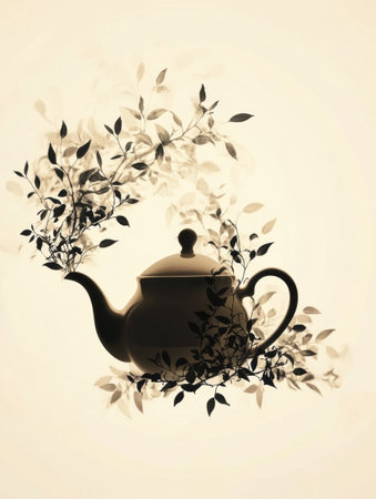 A teapot silhouette gracefully merges into flowing tea leaves, showing a seamless blend of form and nature.の素材