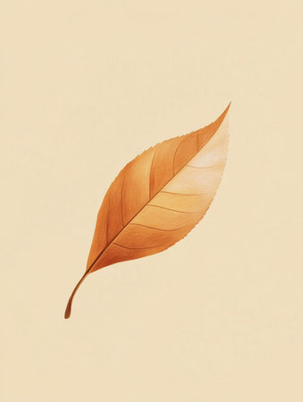 A detailed view of a tea leaf, showing its rich autumn color and fine veins against a soft background, emphasizing nature's design.の素材
