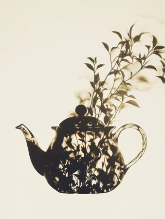 The artwork showcases a teapot silhouette merging into flowing tea leaves, symbolizing the essence of tea blending with nature.の素材