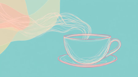 A continuous line forms a stylized tea cup with gentle steam rising above, set against a soothing color background, embracing warmth and simplicity.の素材
