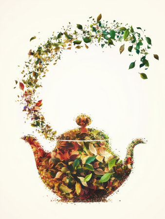 A teapot merges into an array of vibrant tea leaves, illustrating the harmony between tea brewing and nature's essence.の素材