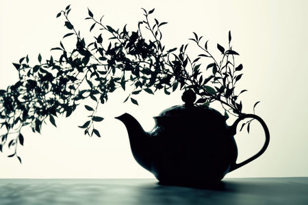 This artwork depicts a teapot gracefully transitioning into delicate tea leaves, capturing a unique abstract concept.の素材