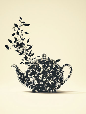 This artwork features a silhouetted teapot that seamlessly merges into an abstract design of tea leaves, highlighting nature's beauty.の素材