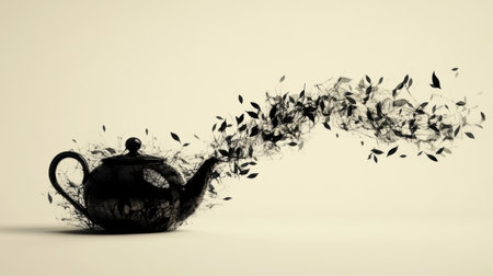 A teapot intricately morphs into flowing tea leaves, symbolizing the blend of art and nature in a captivating abstract form.の素材