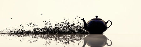 A unique silhouette illustrates a teapot seamlessly merging into swirling tea leaves, creating an abstract art piece.の素材