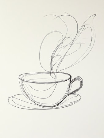 A minimalist line art representation of a tea cup with elegantly curling steam, capturing the warmth and comfort of tea time.の素材