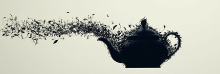 A teapot silhouette seamlessly transforms into swirling tea leaves, illustrating the essence of tea and nature.の素材