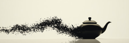 This creative artwork features a silhouette of a teapot merging seamlessly into flowing tea leaves, showing casing artistic imagination.の素材