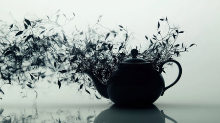 A teapot elegantly transitions into swirling tea leaves, capturing the essence of nature and beverage artistry in an abstract form.の素材