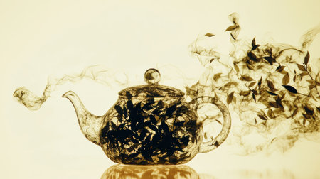 A teapot silhouette flows into tea leaves, showing a creative fusion that symbolizes the art of brewing tea naturally.の素材