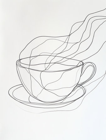 A delicate continuous line forms a cup of tea with gentle steam rising, symbolizing warmth and comfort in a minimalist style.の素材