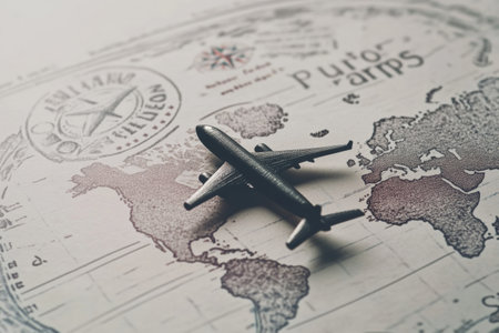 This composition features a passport stamp silhouette layered over a world map, symbolizing the excitement of global exploration and travel.の素材