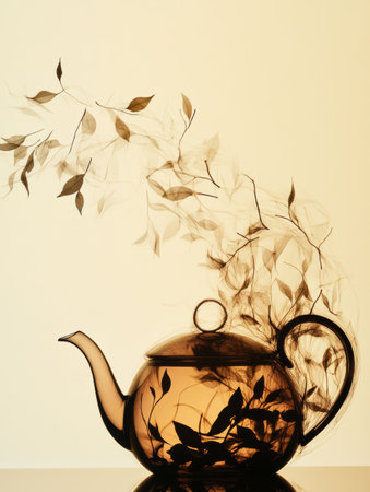 The silhouette of a teapot transforms into tea leaves, creating an abstract, flowing design that captures the essence of tea.の素材