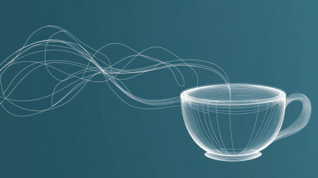 A delicate line art representation of a tea cup, featuring soft, flowing steam lines drifting upward in a calm setting.の素材