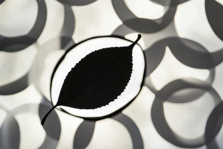 A delicate tea leaf casts a striking silhouette against a softly lit, patterned backdrop, creating a serene visual contrast.の素材