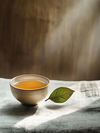 A gentle tea leaf lies next to a warm cup of tea on a textured cloth, creating a peaceful atmosphere filled with simplicity and warmth.の素材
