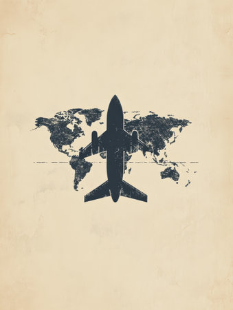 A passport stamp silhouette overlays a subtle world map, symbolizing the adventure and opportunity of global travel.の素材