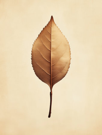 This dried tea leaf captures the detailed veins and shape, highlighting its rich color and texture against a plain backdrop.の素材