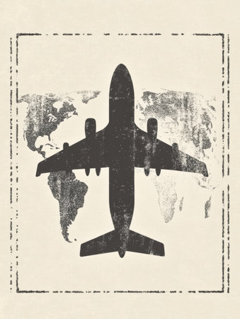 An airplane silhouette overlays a subtle world map, conveying the excitement of international travel and adventure.の素材