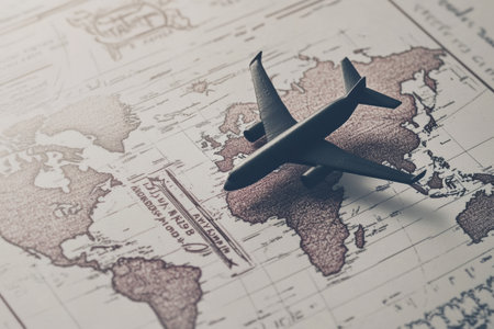 A passport stamp silhouette rests on a detailed world map, symbolizing the excitement of exploring international destinations.の素材