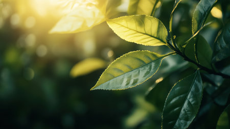 Sunlight filters through the lush garden, highlighting the vibrant green tea leaves as they shimmer gently in the morning light.の素材