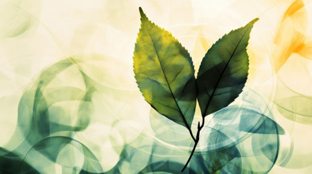 A delicate silhouette of a tea leaf stands out, illuminated by warm light with gentle swirling colors in the background at twilight.の素材