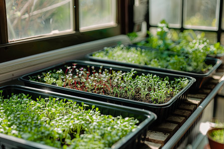 A small greenhouse showcases various trays of healthy microgreens thriving under sunlight, ideal for home gardening enthusiasts.の素材