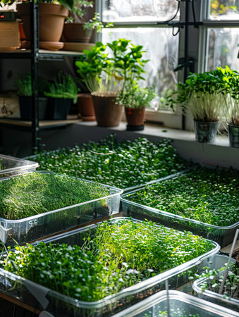In a cozy home greenhouse, trays of lush microgreens thrive under natural light, showing an indoor gardening project.の素材